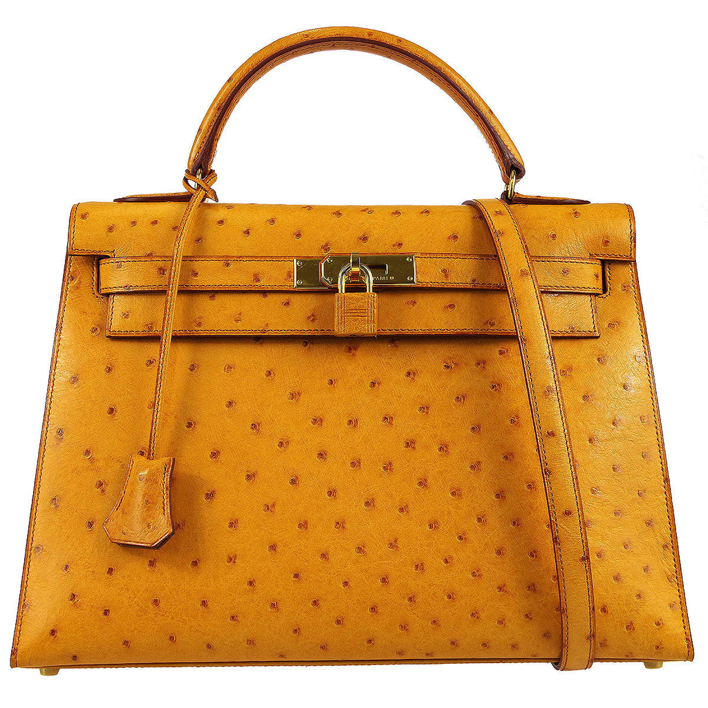 Saffron Sellier Kelly 35 in Ostrich Leather with Gold Hardware, 1996