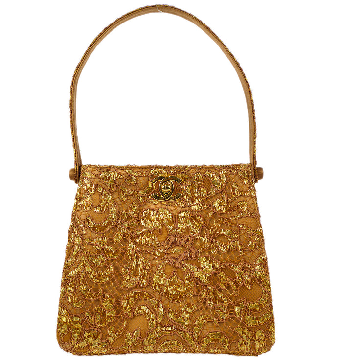 Chanel 1997-1999 * Double Side Turnlock Handbag Gold Satin