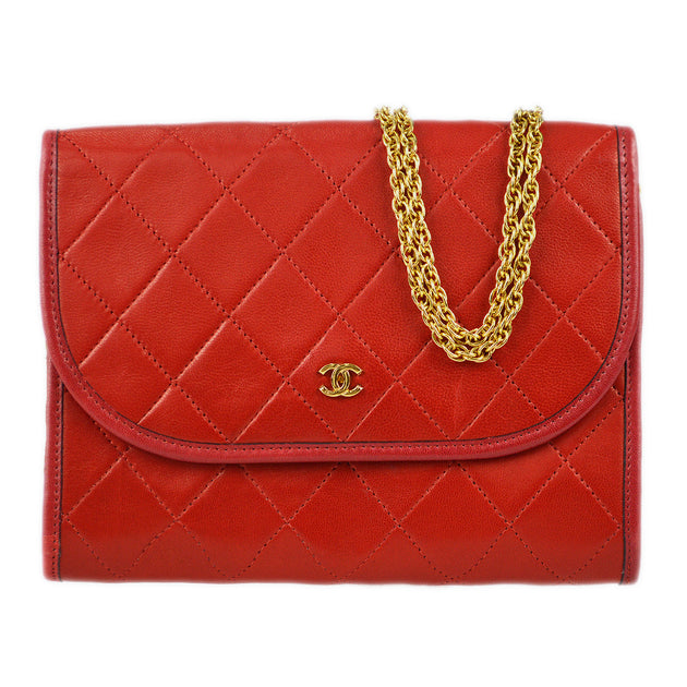 Chanel 1989-1991 * Double Chain Shoulder Bag Red Lambskin