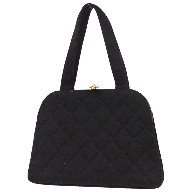 Chanel 1996-1997 Kisslock Handbag Black Cotton