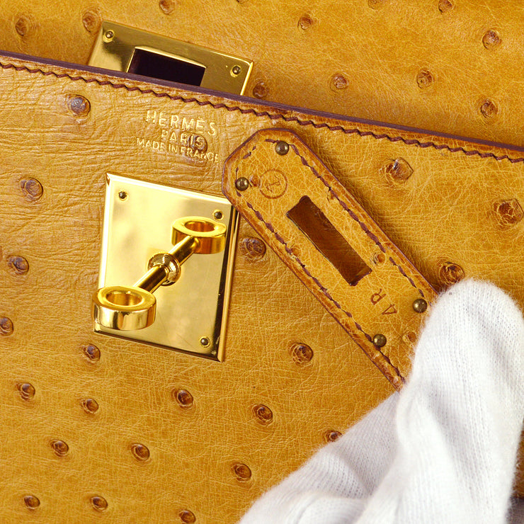 Saffron Sellier Kelly 35 in Ostrich Leather with Gold Hardware, 1996