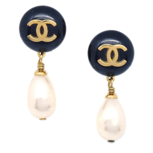 Chanel 1997 Black CC Button & Faux Teardrop Pearl Dangle Earrings