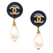 Chanel 1997 Black CC Button & Faux Teardrop Pearl Dangle Earrings