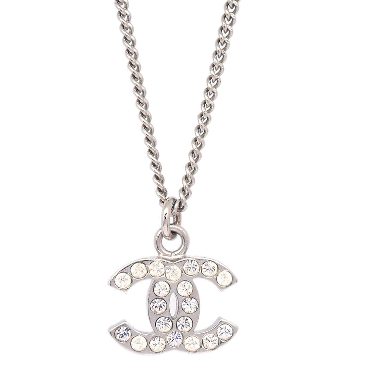 Chanel CC Crystal Silver Tone Pendant Necklace Chanel