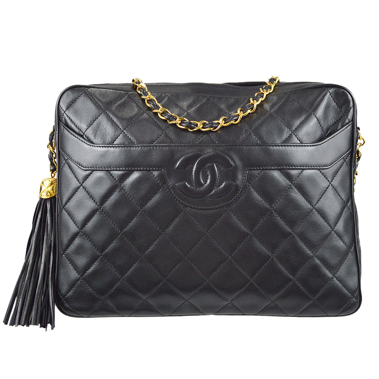 Chanel Quilted Chain Fringe Square Shoulder Bag Black Leather