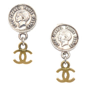 Chanel Medallion Dangle Earrings Gold Silver Clip-On 97P