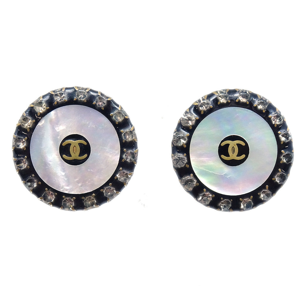 Vintage CHANEL black shell earrings with rhinestone crystal CC