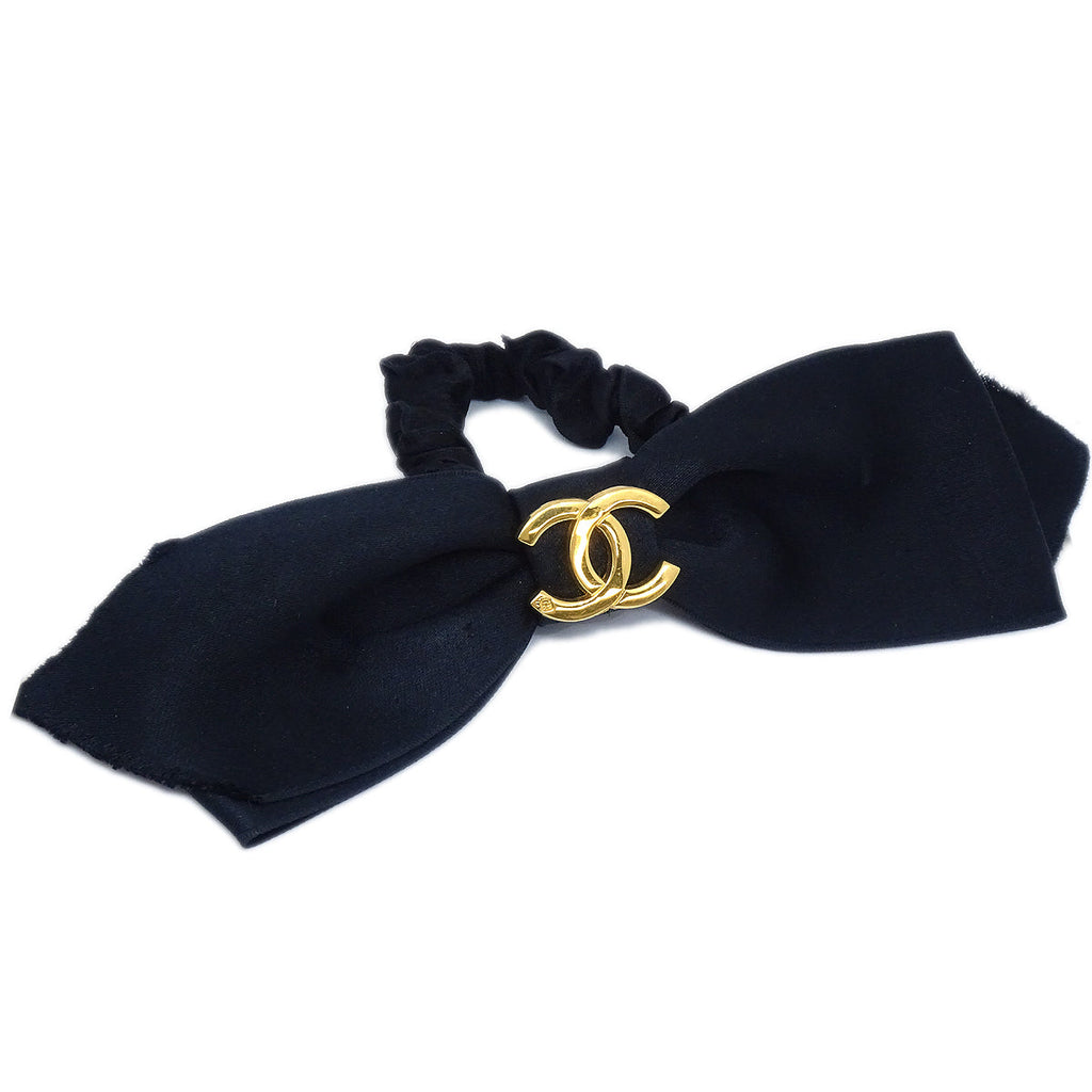 Chanel 22V Black Leather CC Logo Pearl Scrunchie Hair Tie Barrette