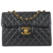 Chanel 1997-1999 Classic Flap Jumbo Chain Shoulder Bag Black Lambskin