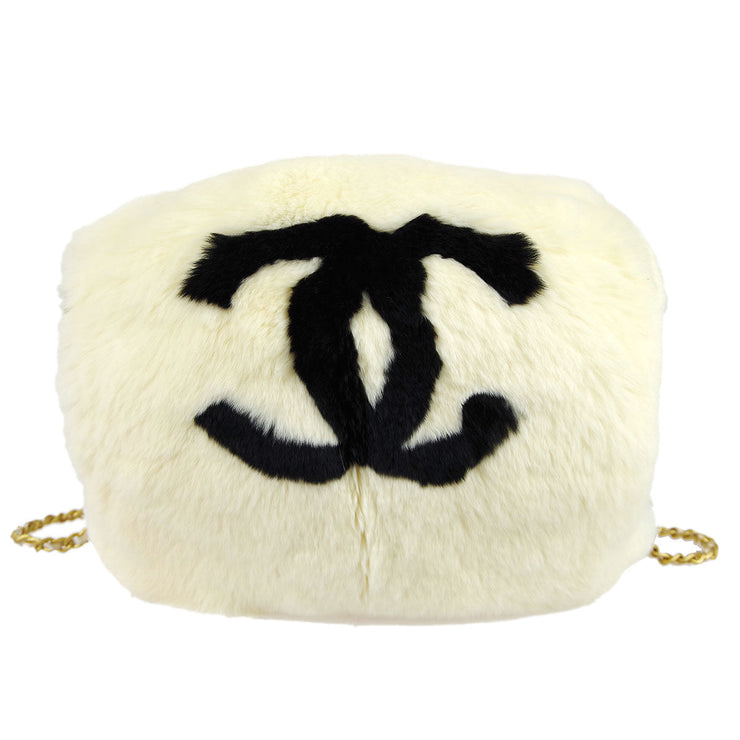 Chanel 2001 Fall CC Logo Muff White Fur Satchel