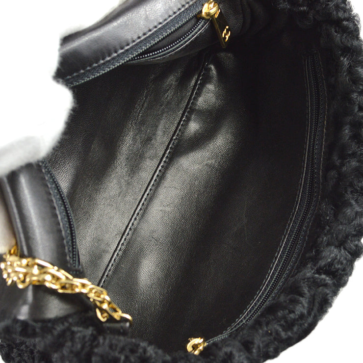 Chanel Straight Flap Chain Shoulder Bag Black Astrakhan Fur