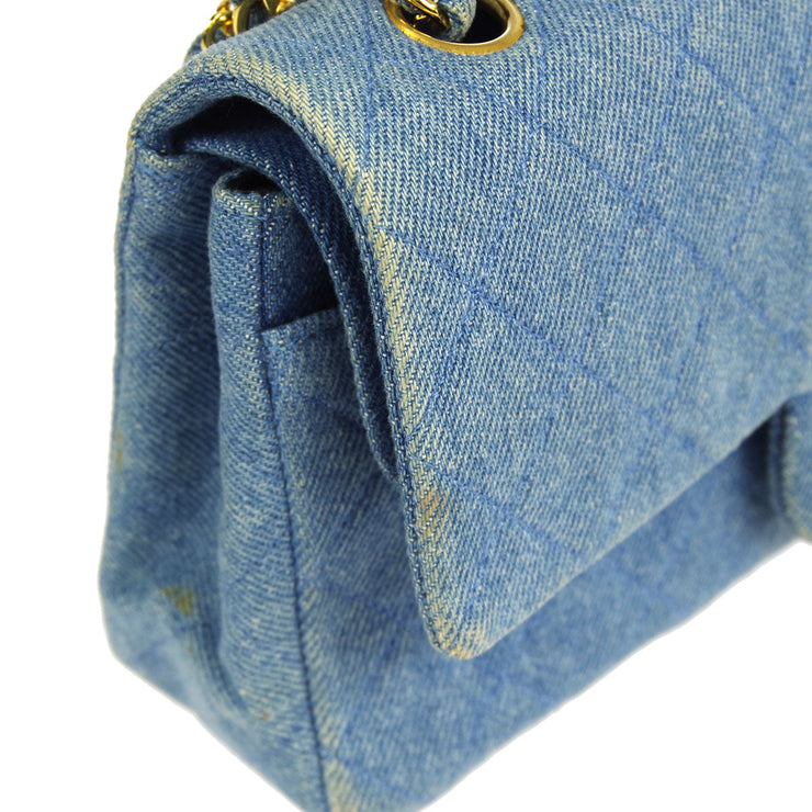Chanel * 1989-1991 Classic Double Flap Small Shoulder Bag Blue Denim