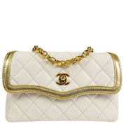 Chanel * 1989-1991 Border Curved Flap Mini & Pouch Set White Lambskin