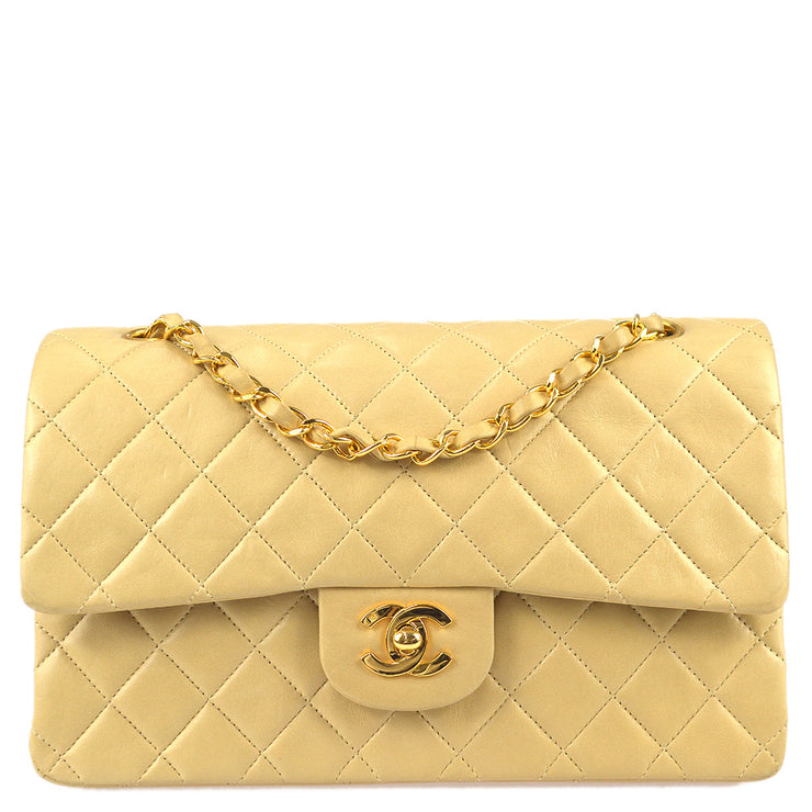 Chanel Beige Quilted Lambskin Medium Classic Double Flap Bag Gold