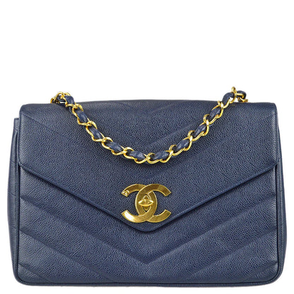 Chanel 1994-1996 Navy Caviar Jumbo Chevron Letter Flap Bag