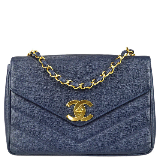 Chanel 1994-1996 Navy Caviar Jumbo Chevron Letter Flap Bag