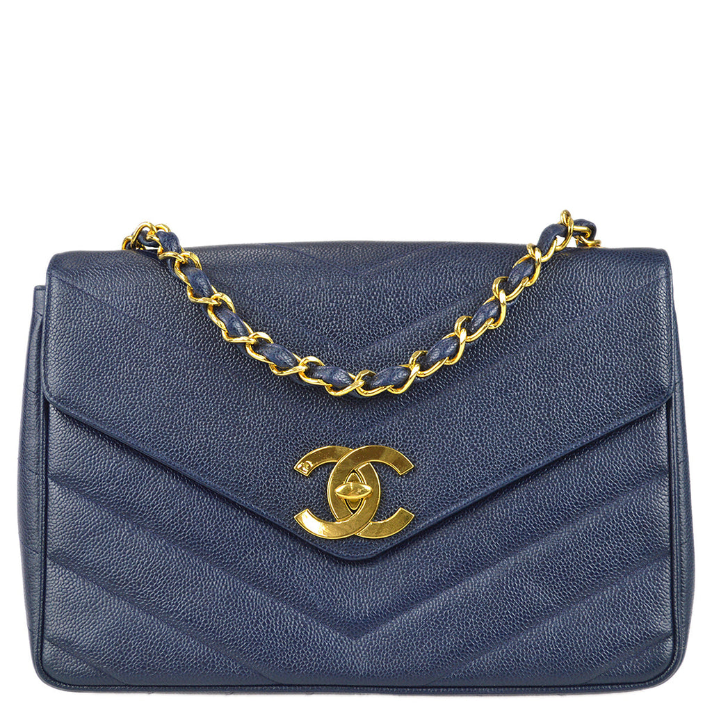Chanel V Stitches Classic Flap Jumbo Chain Shoulder Bag Navy Caviar
