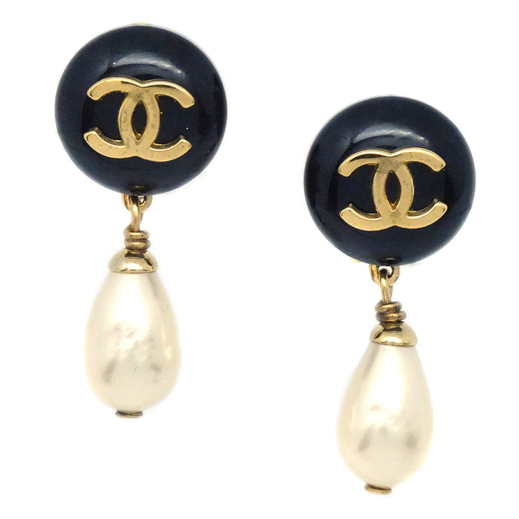 Chanel Vintage Gold Metal, Imitation Pearl, & Black Acrylic CC Drop Earrings, 1984-1990 | Clip-On | Drop Earrings, Vintage Jewelry (Very Good)
