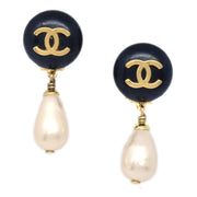 Chanel 1996 CC Black & Faux Teardrop Pearl Dangle Earrings