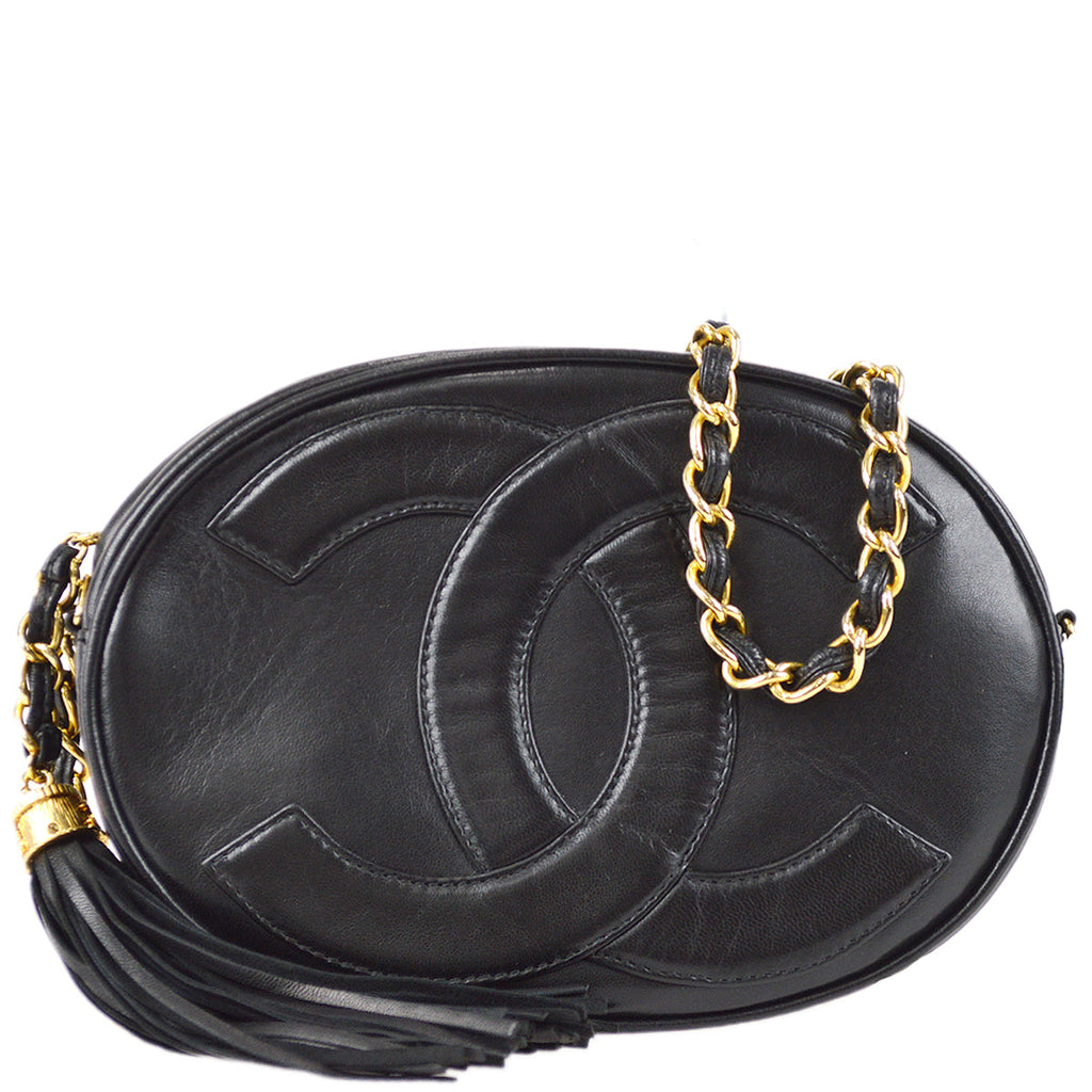 Chanel 1989-1991 Oval Chain Shoulder Bag Mini Black Lambskin