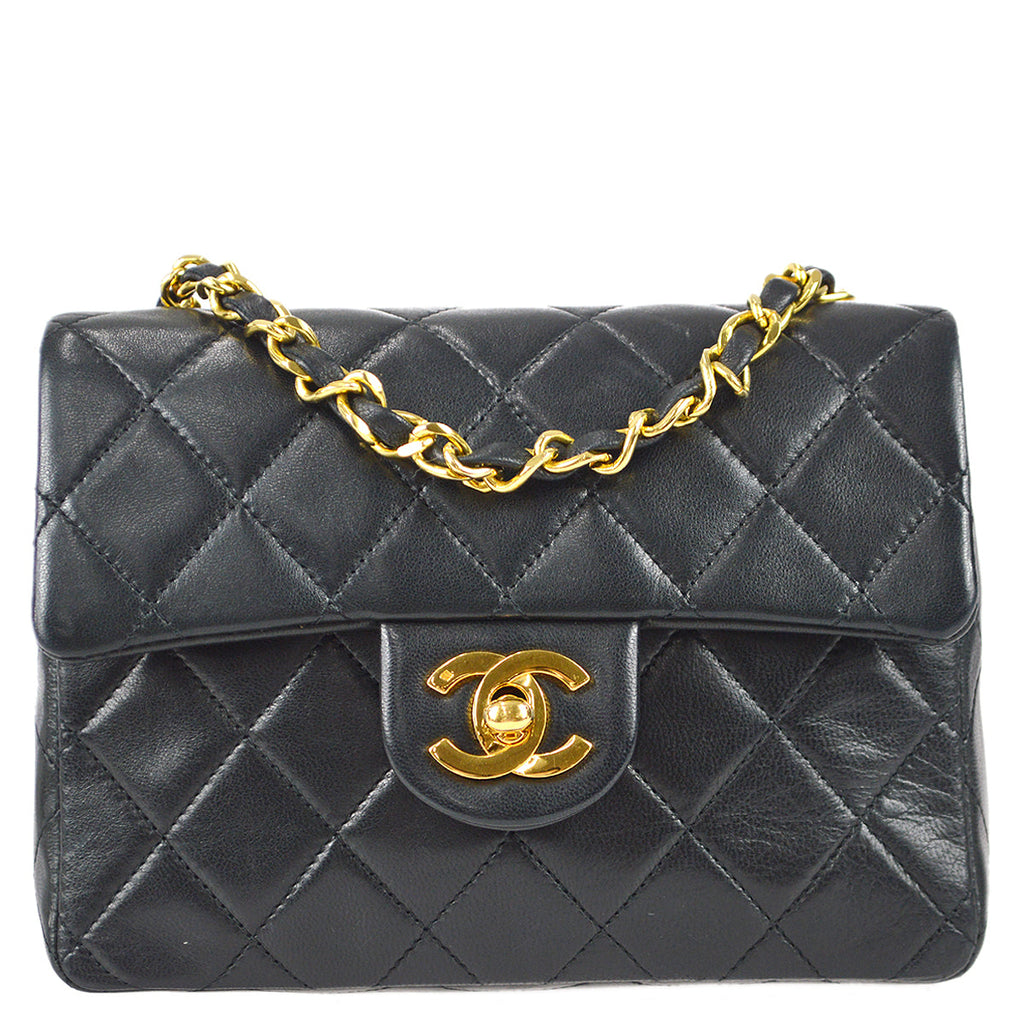 Chanel 1989-1991 Classic Flap Mini Square Chain Shoulder Bag Black Lambskin