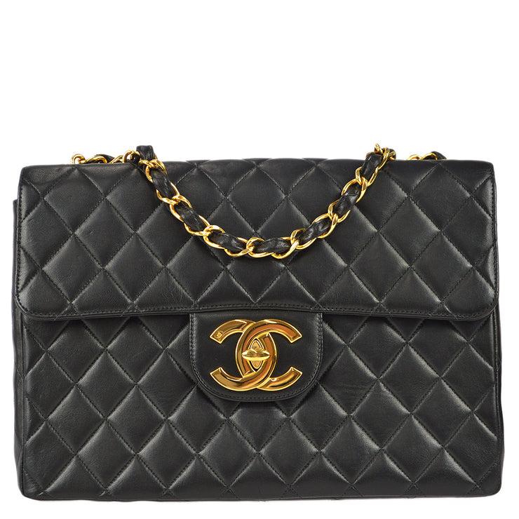 Chanel 1996-1997 Classic Flap Jumbo Chain Shoulder Bag Black Lambskin