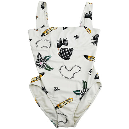 Chanel * Spring 1997 Icons Pattern Swimwear Swimsuit White #40