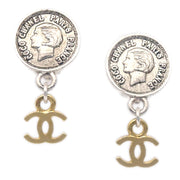 Chanel Medallion Dangle Earrings Gold Silver Clip-On 97P