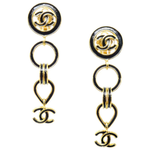 Chanel Dangle Earrings Clip-On Black 95P
