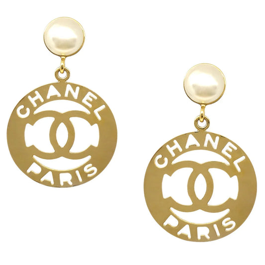 Chanel Dangle Hoop Earrings Clip-On Gold Artificial Pearl
