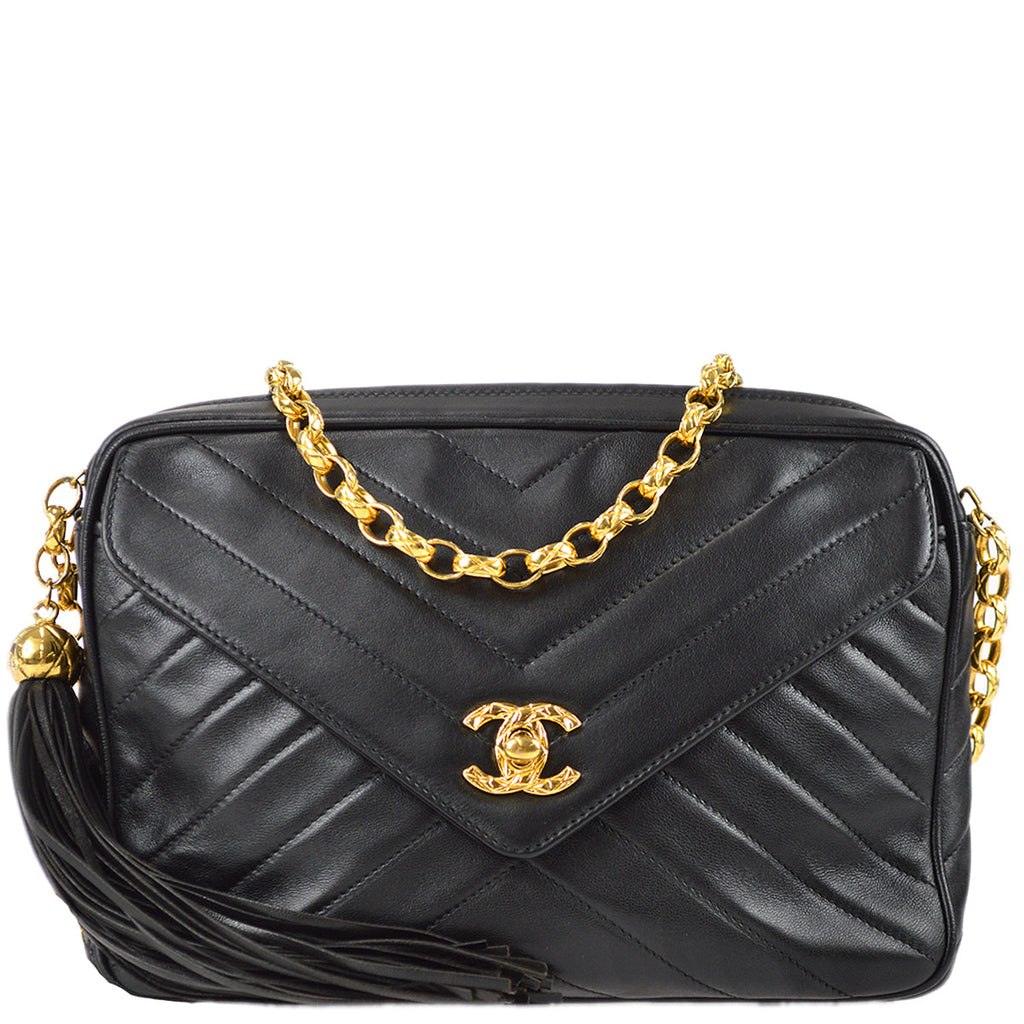 Chanel V Stitch Bijou Chain Shoulder Bag Fringe Black Lambskin