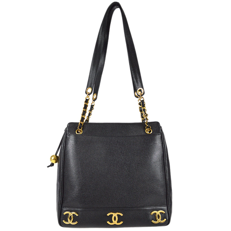 CHANEL Vintage CC Chain Caviar Leather Shopping Tote Bag Black