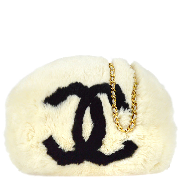 Chanel Hand Warmer Chain Shoulder Bag White Fur