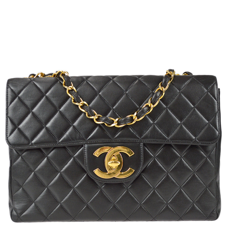 Chanel 1994-1996 Classic Flap Jumbo Chain Shoulder Bag Black Lambskin