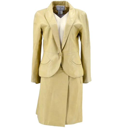 Chanel 2001 spring CC-buttons skirt leather suit #42