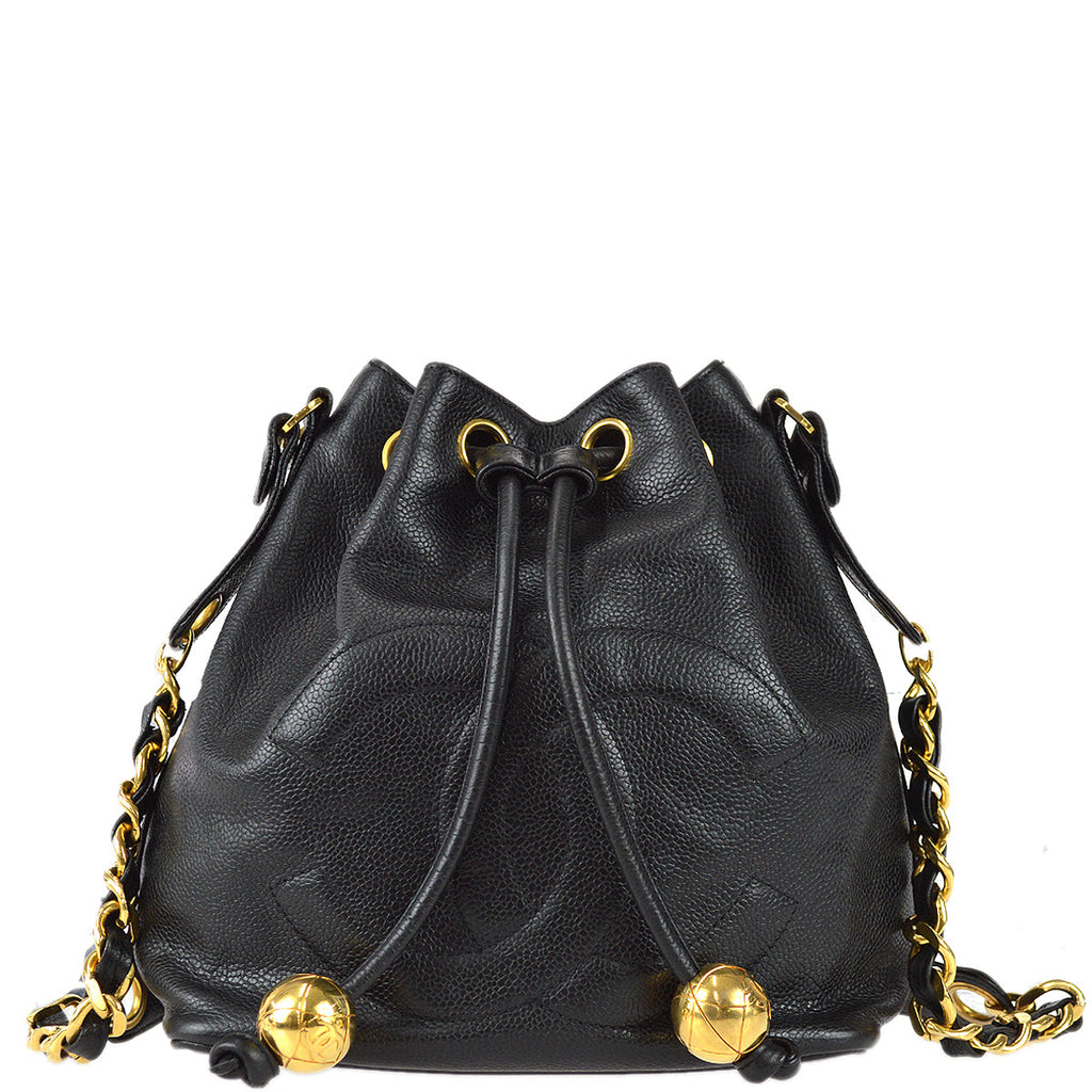 Chanel black bucket bag with logo on the front and gold detail