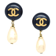 Chanel 1994 Black CC Button & Faux Teardrop Pearl Dangle Earrings