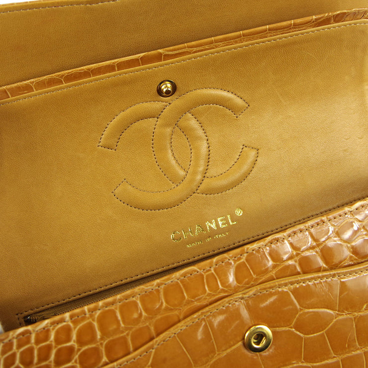 Chanel * 2003-2004 Classic Double Flap Medium Shoulder Bag Brown Crocodile