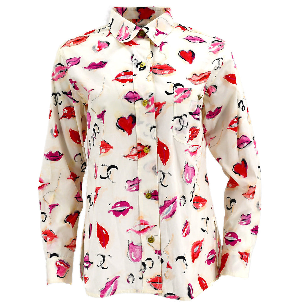 Chanel Lips Blouse Shirt White #38