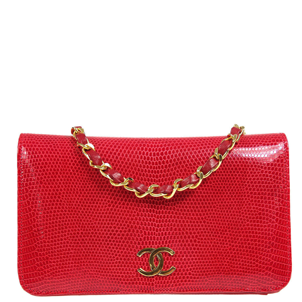 CHANEL Red Lizard Exotic Skin Leather Gold CC Small Mini Evening