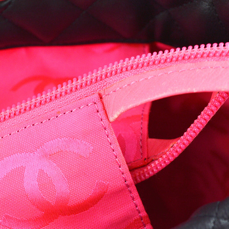 Chanel Chanel Cambon Neon Pink & Black Quilted Calfskin Leather Tote
