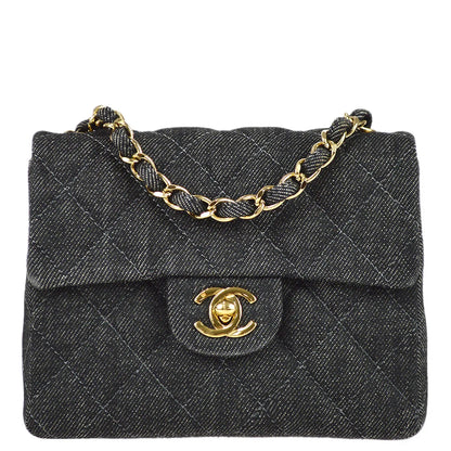 Chanel 1997-1999 Black Denim Mini Classic Square Flap Shoulder Bag 17