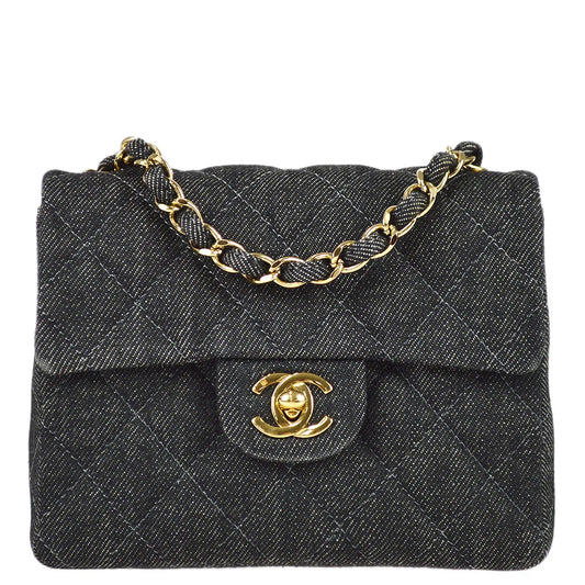 Chanel 1997-1999 Black Denim Mini Classic Square Flap Shoulder Bag 17