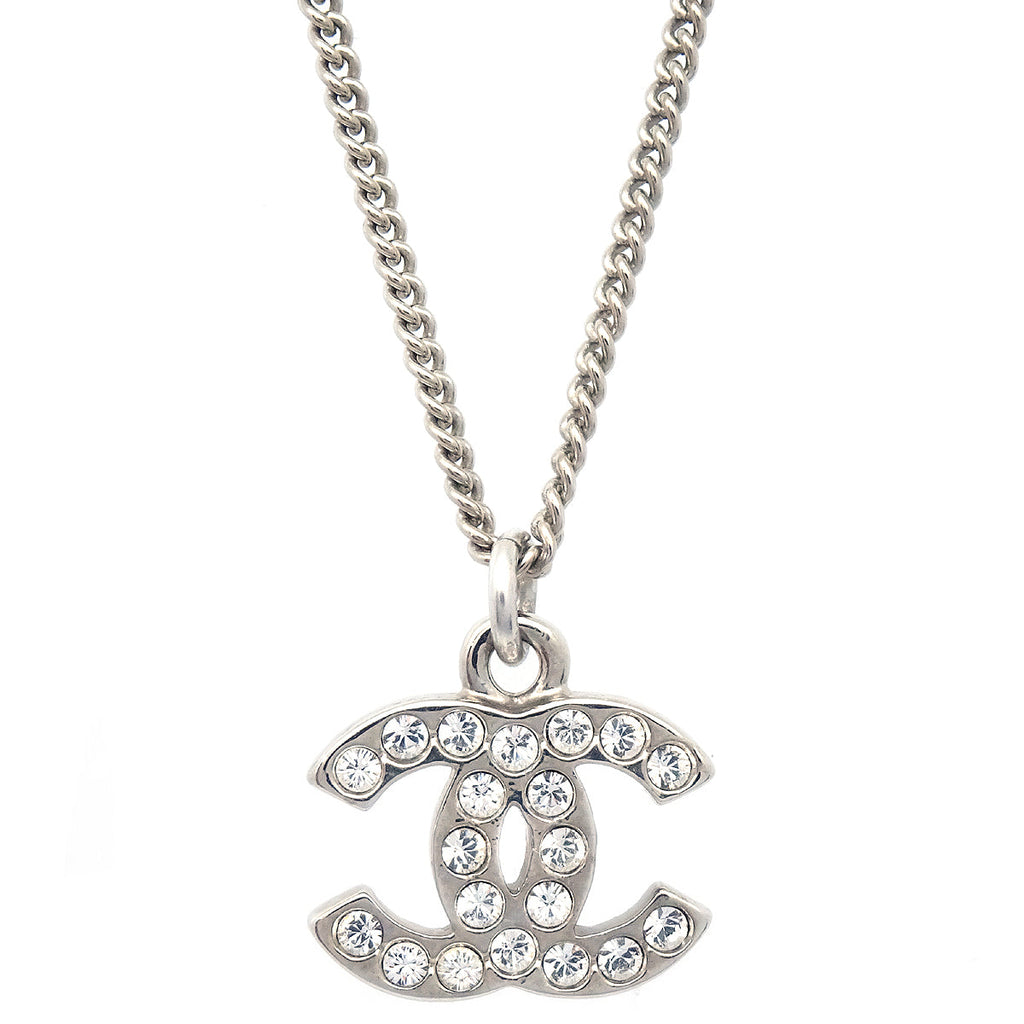 Chanel Silver Chain Necklace Rhinestone 10V
