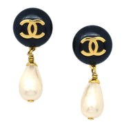 Chanel 1996 CC Black & Faux Teardrop Pearl Dangle Earrings