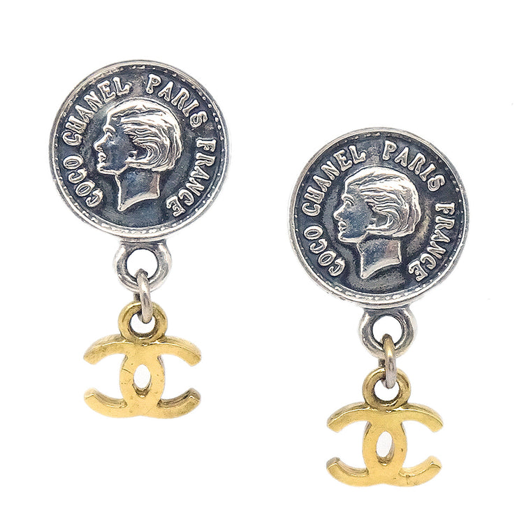 Chanel Medallion Dangle Earrings Gold Silver Clip-On 96P