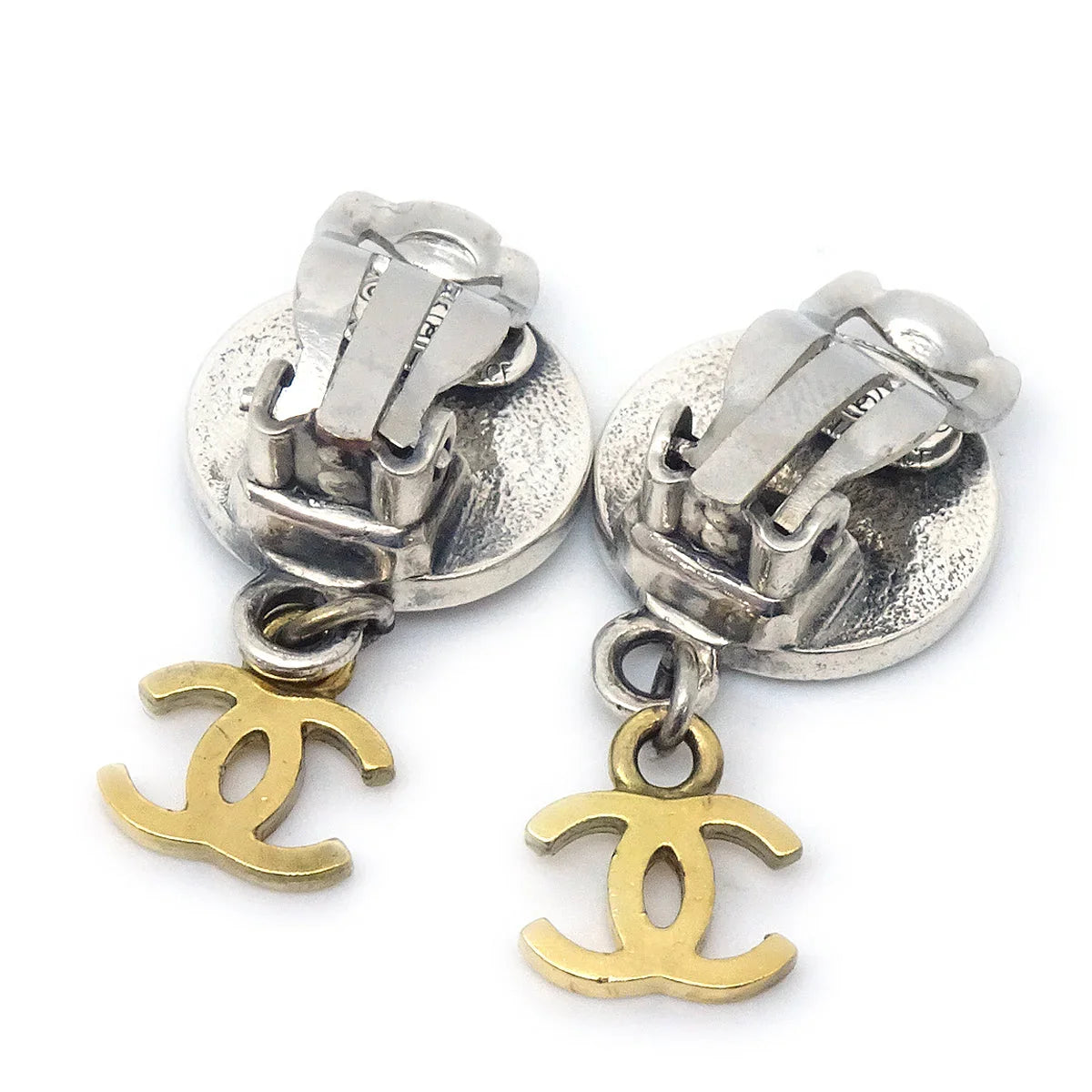 Chanel Medallion Dangle Earrings Gold Silver Clip-On 96P
