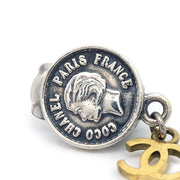Chanel Medallion Dangle Earrings Gold Silver Clip-On 96P