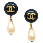 Chanel 1994 CC Black & Faux Teardrop Pearl Dangle Earrings