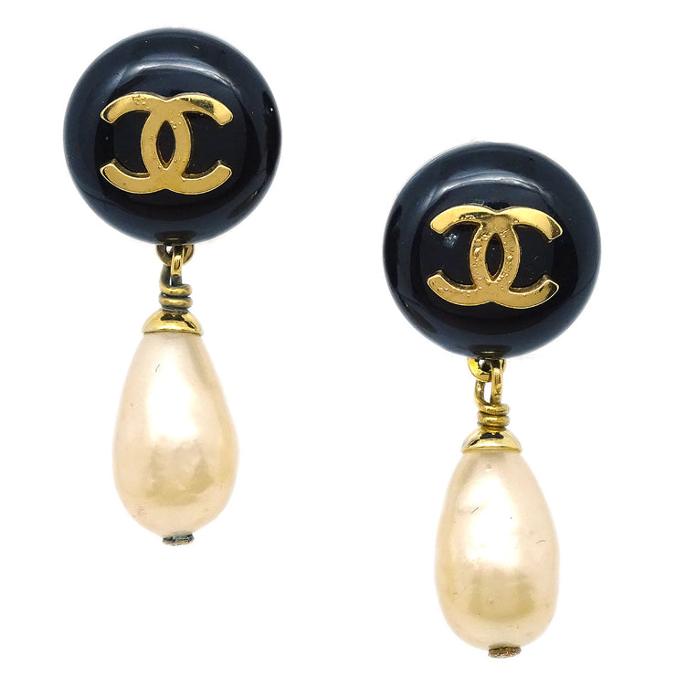 Chanel 1994 CC Black & Faux Teardrop Pearl Dangle Earrings